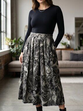 VTG Grey Paisley Wool Blend Midi Maxi Skirt Dark Academia Whimsygoth Grunge Vamp